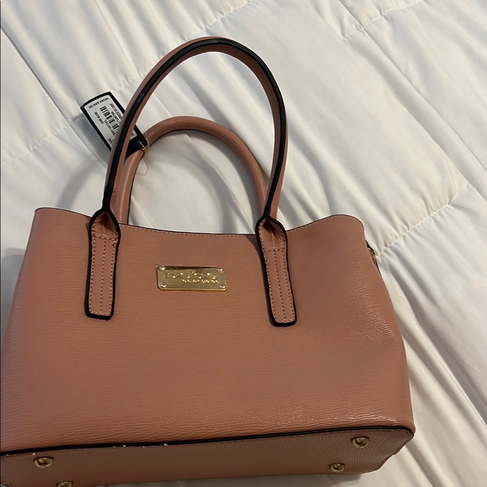 bebe Blush Pink Structured Satchel with Gold Nameplate